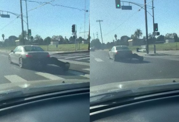 走行中の車のリアバンパーが壊滅状態。目撃したドライバーが教えてあげるも、そのまま走り去っていった件