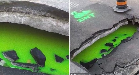 陥没した道路の穴からバスクリンのような緑色の液体が！これっていったい何？（カナダ）