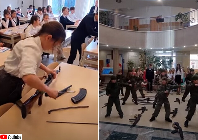 クリミアの学校で軍事訓練の授業を受けるロシアの子供たち。銃の組み立て分解、銃を使った武術も