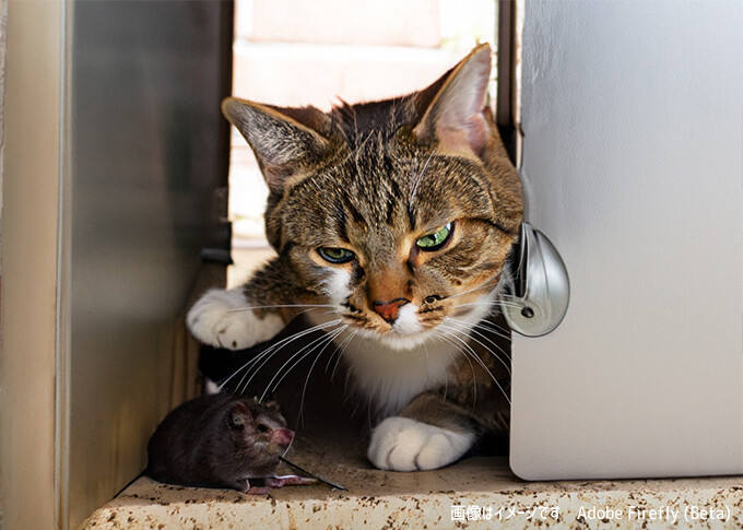 ネズミを連れてきた猫。どうやら一緒に遊ぼうとしているようだ