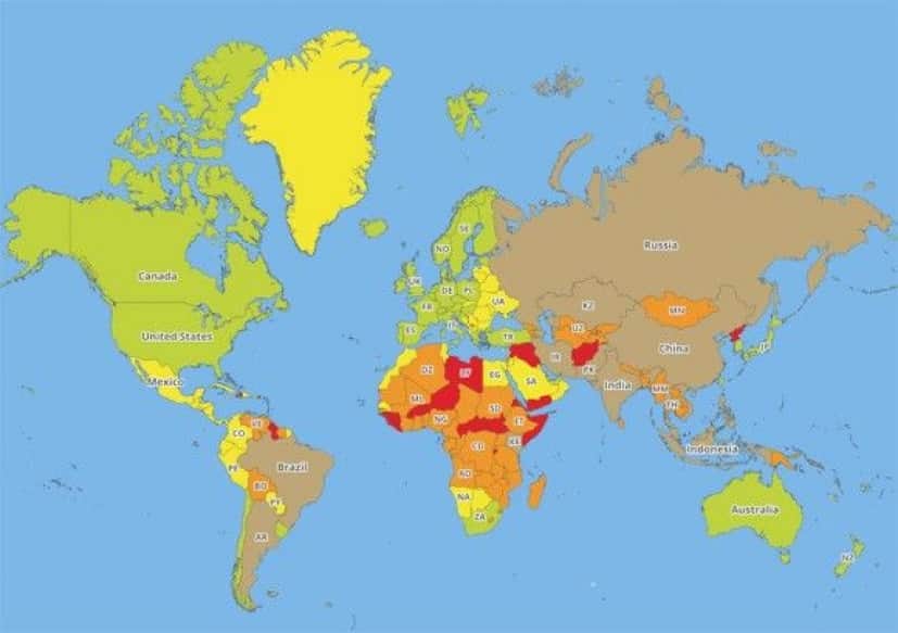 ここに行くと危険 旅行者にとって危険な国を色分けした地図が公開される 17年現在 カラパイア