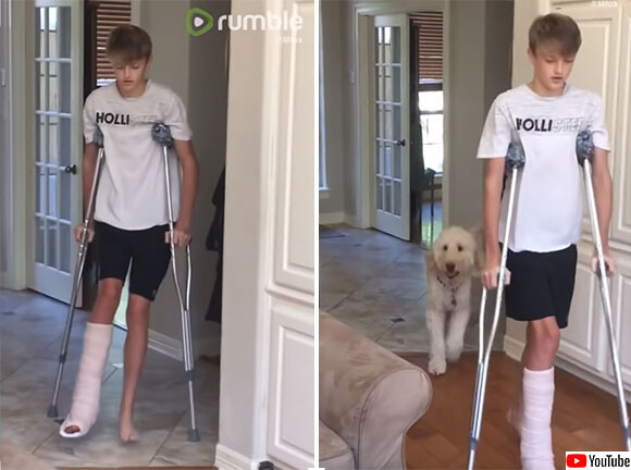 犬の共感力がすごい！松葉杖で歩く少年の後ろから同じように片足を引きずって歩く犬