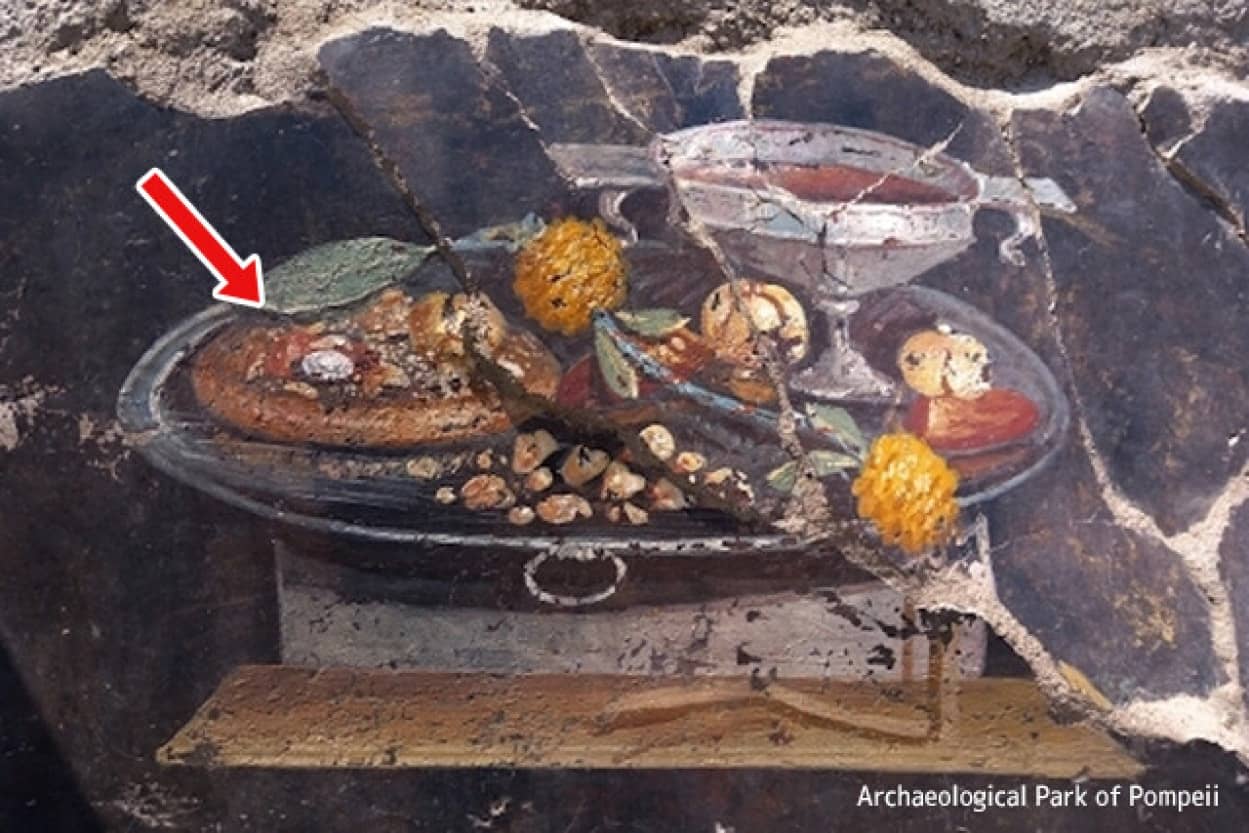 ポンペイの遺跡でピザのような料理を描いたフラスコ画を発見