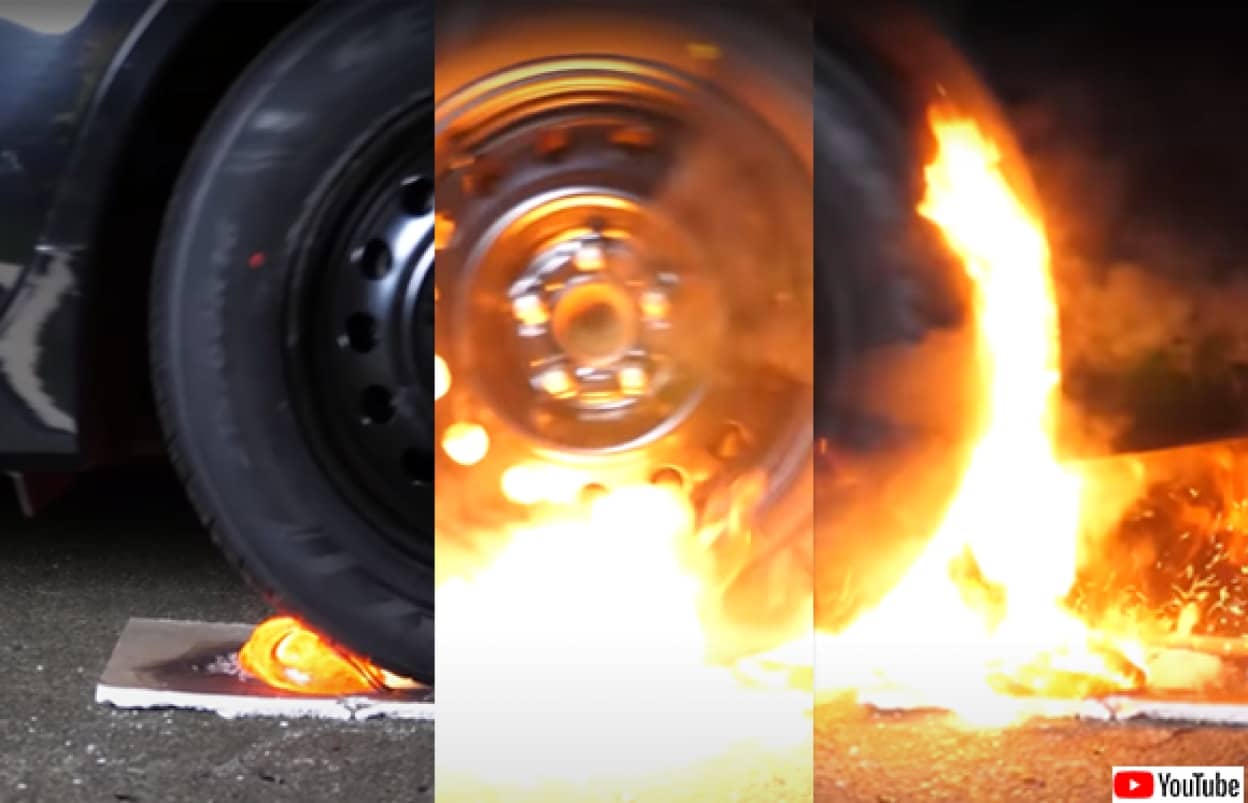 車のタイヤで溶岩をひく耐久実験