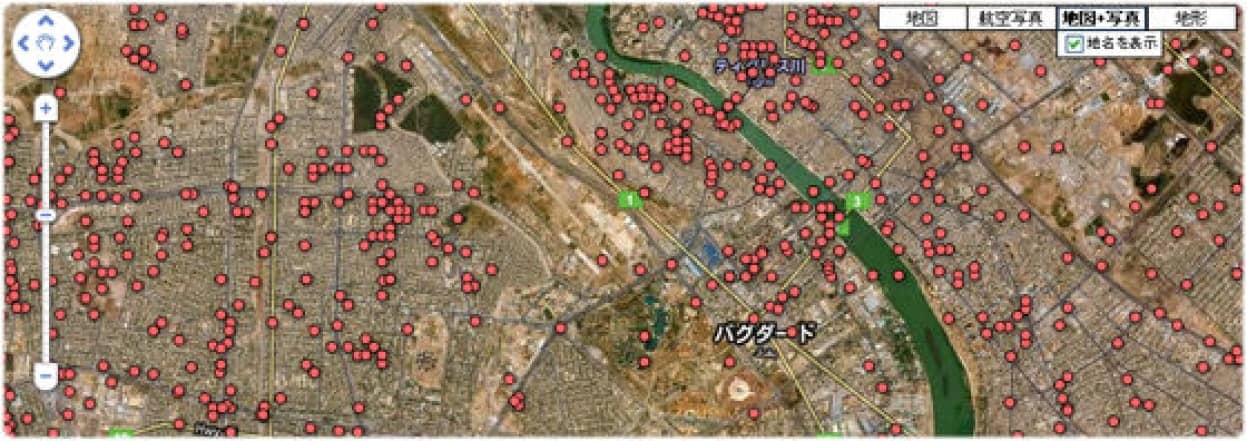 死亡者が日々ポイントで記されていくグーグルマップを利用したイラクのデスマップ カラパイア 死亡者が日々ポイントで記されていくグーグルマップを利用したイラクのデスマップ カラパイア