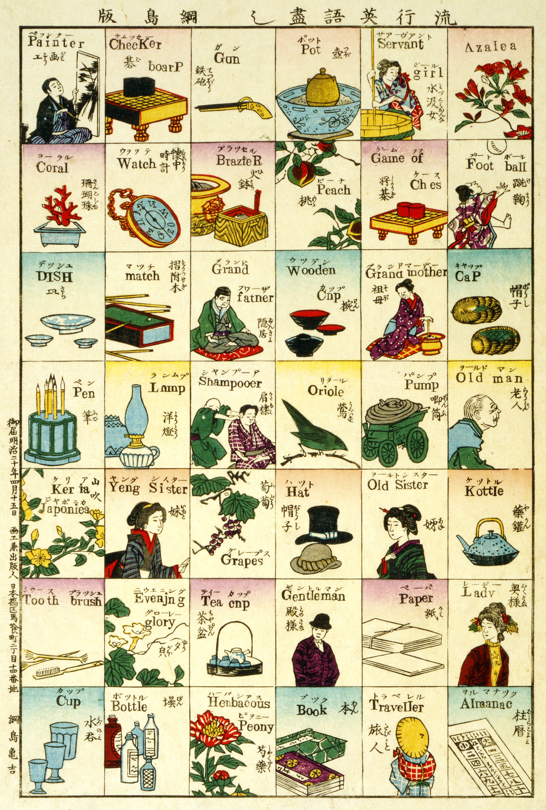 明治時代に作られた英単語を学ぶ木版画 流行英語尽し カラパイア
