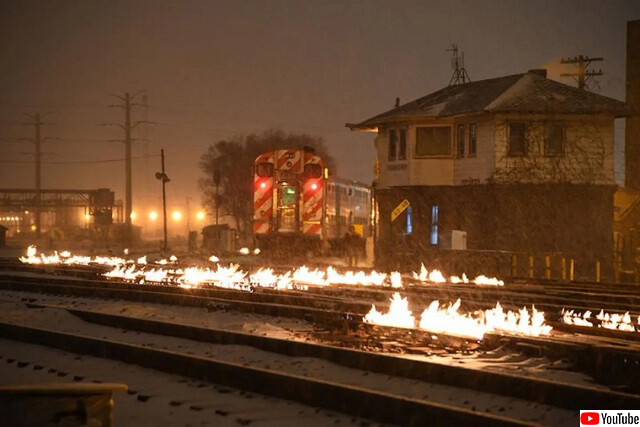 炎で燃え上がった線路を走る電車。いったい何が？