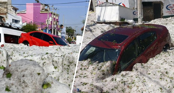 天変地異の極み。夏のメキシコで気温が急激に下がり大量の雹（ひょう）が降り、車が押し流されるという事態に発展