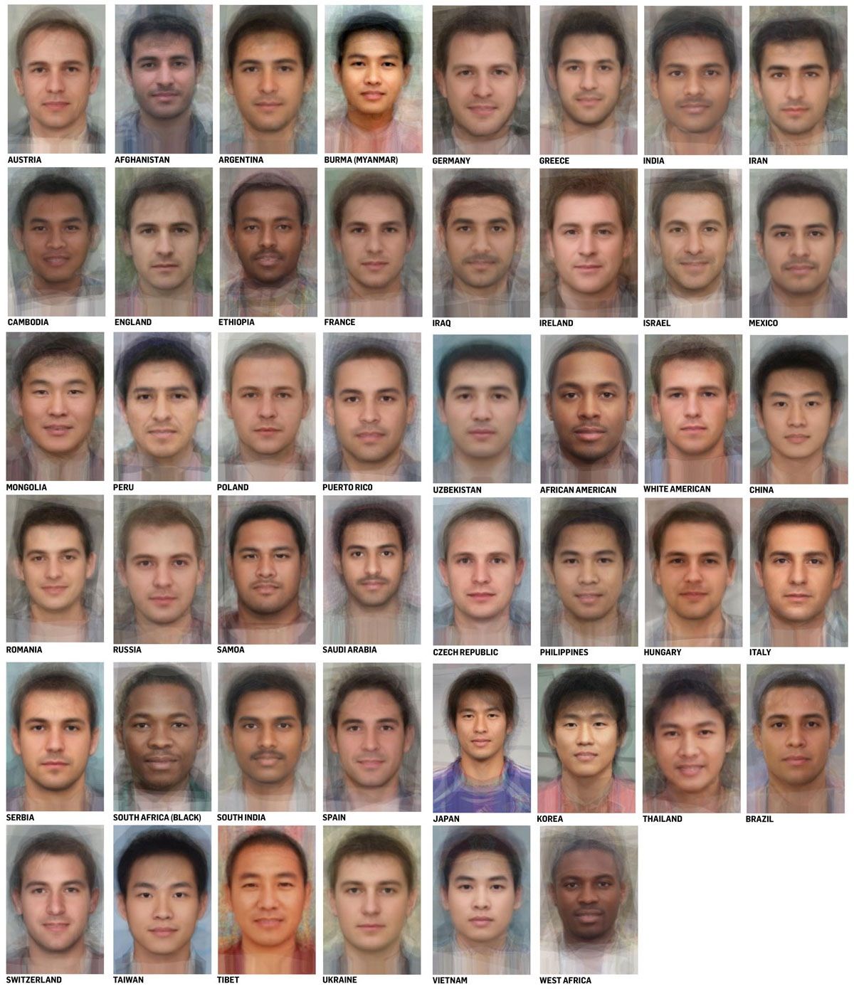 世界41カ国の人種別女性の平均的な顔 男性の平均顔 カラパイア