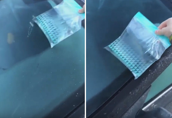 車の氷を解かす簡単な方法 チャック付きの食品保存用袋にお湯を入れて温める カラパイア