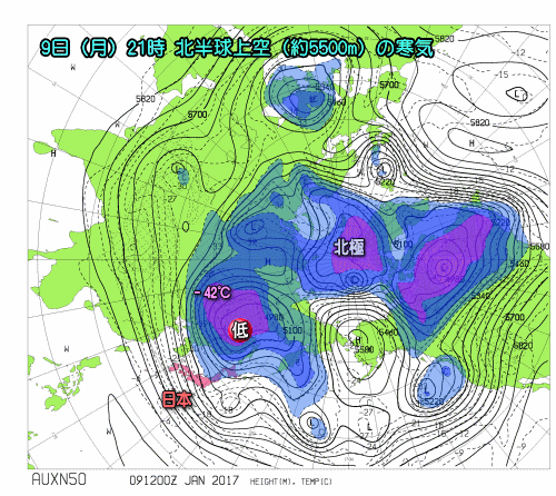 北半球上空の寒気アニメ170113