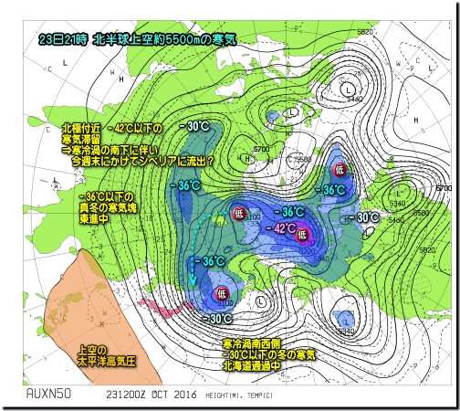 北半球上空の寒気161023