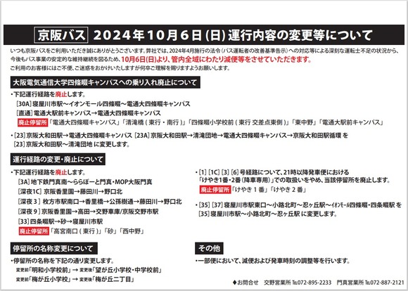 京阪バス ダイヤ改定 2024年10月6日