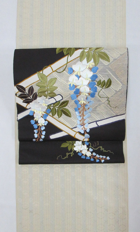首里花織着尺 米須幸代作、藤の花刺繍九寸名古屋帯地 工芸きもの野口製