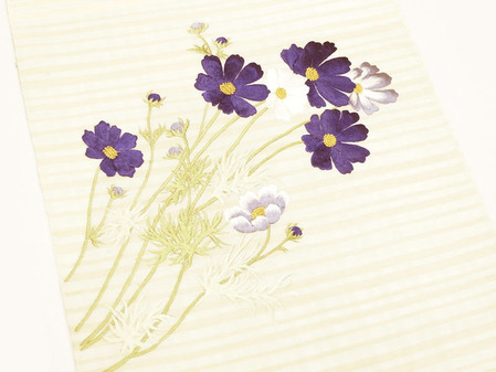 コスモスの花刺繍夏名古屋帯地 工芸キモノ野口