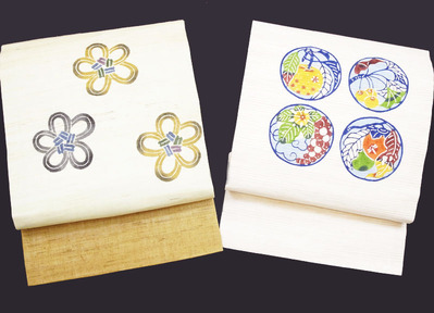 結び紐柄型絵染麻名古屋帯 下平清人作、実りの柄型絵染麻名古屋帯