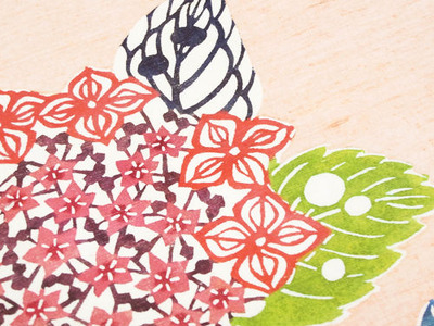 紫陽花の柄型絵染紬名古屋帯アップ