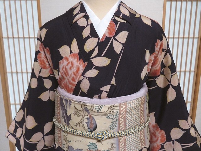 アンティーク着物 薔薇柄 モスリン 薔薇柄 アンティーク着物 白薔薇 袖