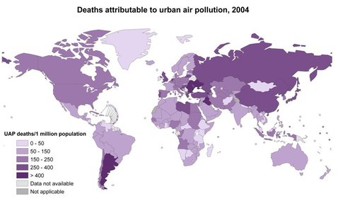 地域別の100万人当たりの大気汚染による死亡者数(WHO)