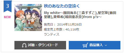 ラブライブ Lily White リリーホワイト ニューシングル 秋のあなたの空遠く が4万116枚を売り上げオリコン週間チャート3位獲得