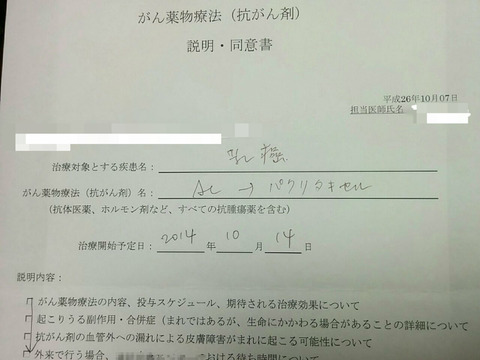 がん薬物療法　抗がん剤AC+Tパクリタキセル　説明同意書