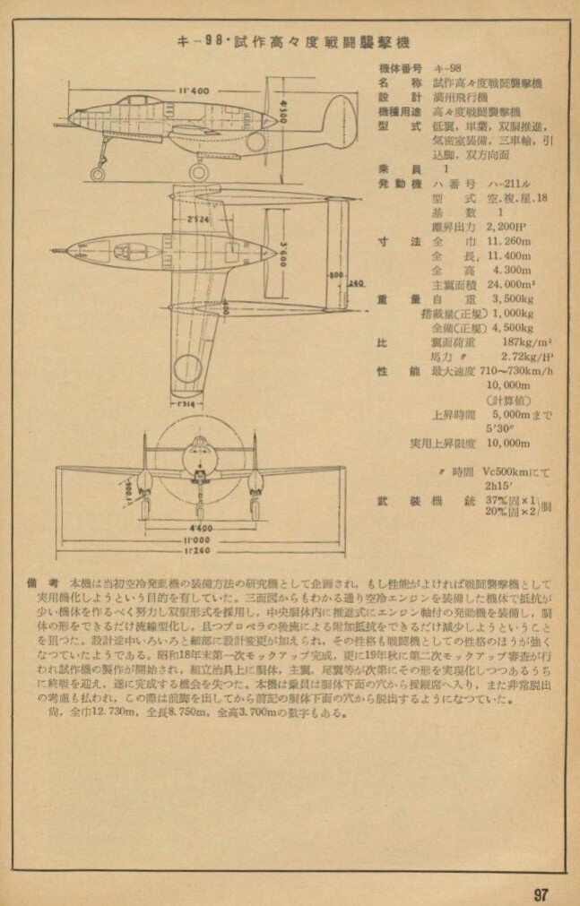 blog[小野一雄のルーツ]改訂版 : 満州飛行機製造(株)[キ－98・試作高々度戦闘襲撃機]【日本軍用機三面図集 [第1] (陸軍機篇)】昭和34年