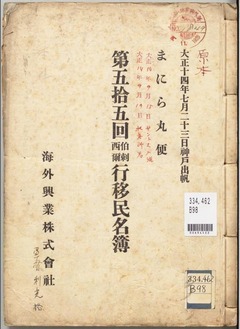 p1【伯剌西爾行移民名簿 第五拾五回】大正14年