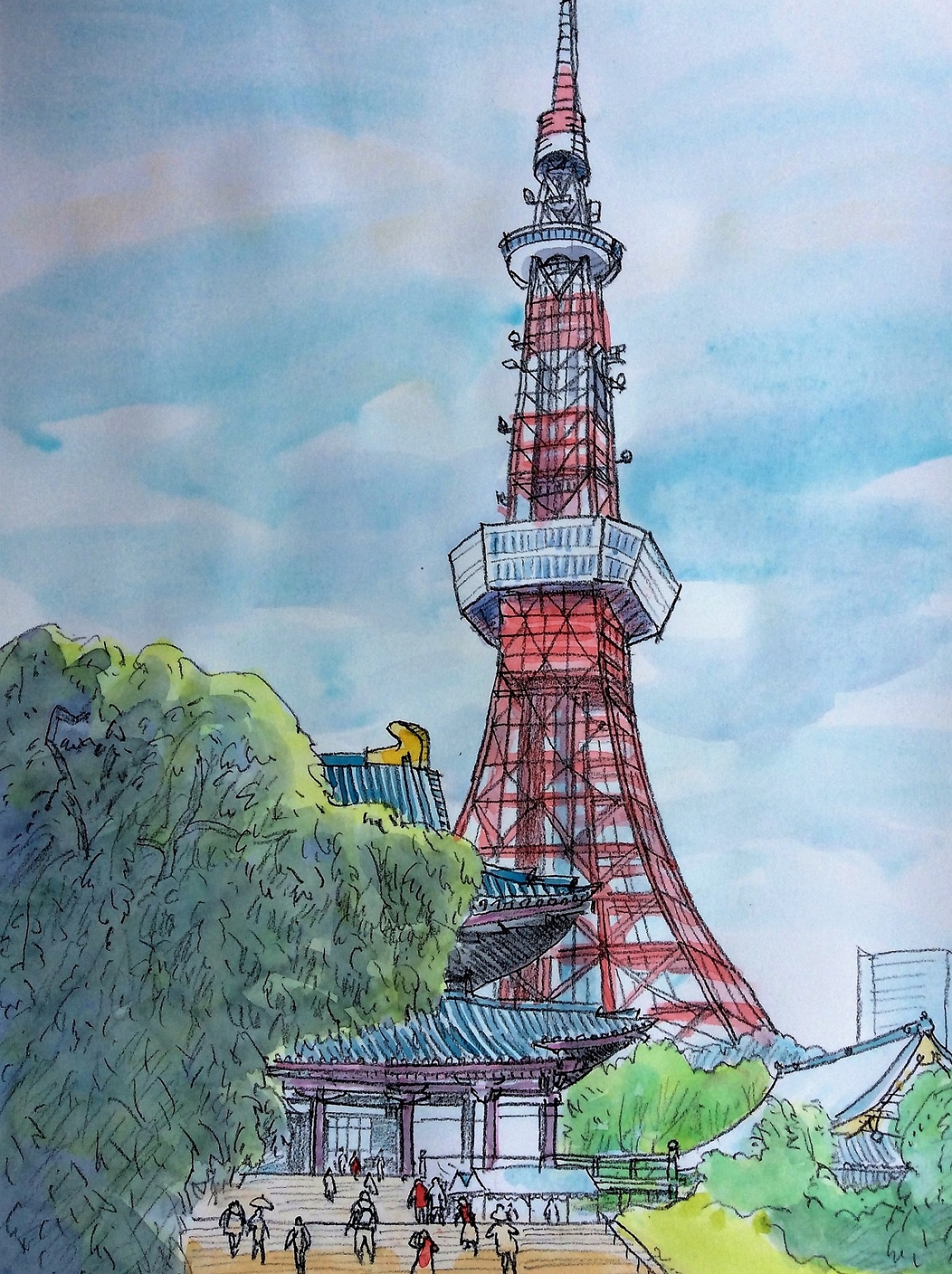 増上寺と東京タワーをスケッチ カズヨシのアトリエ