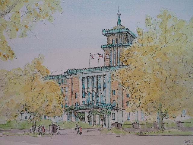 水彩画 神奈川県庁 鎌倉の風景水彩画［A4サイズ複製・額付］ - 神奈川県鎌倉市