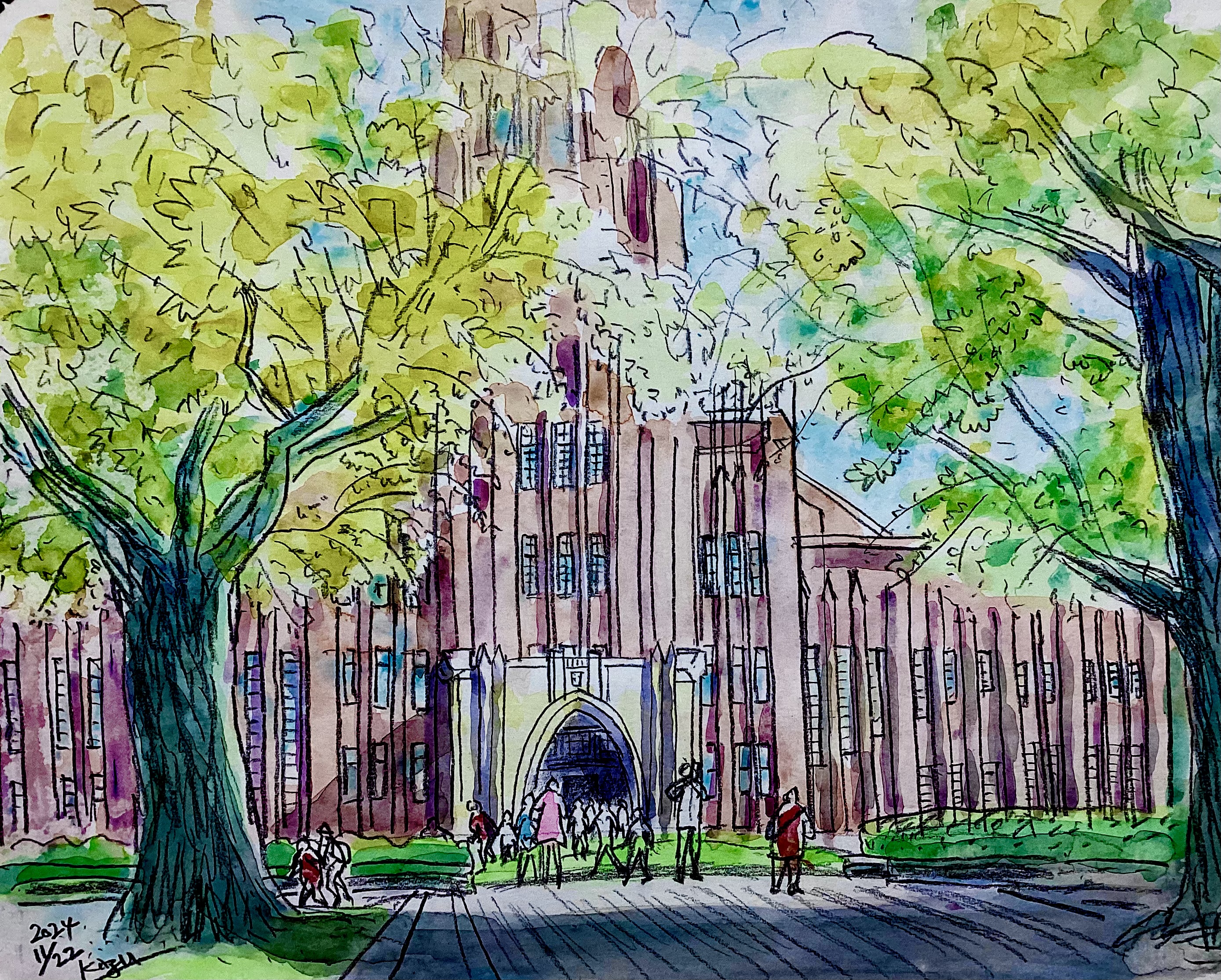 水彩画 東京大学 安田講堂 SHO 2024秋、東大のイチョウをスケッチ : カズヨシのアトリエ