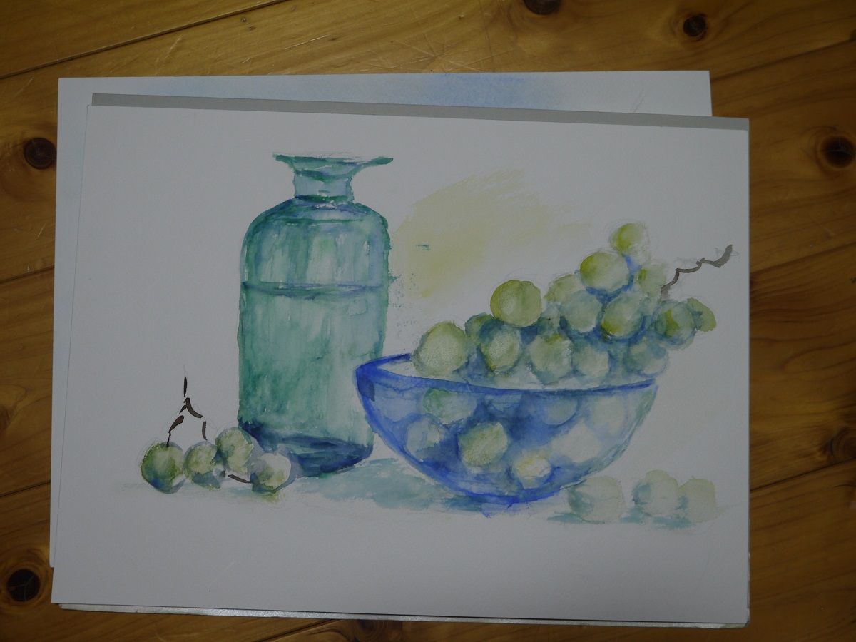癒せる絵を求めて 海庵 透き通った瓶と葡萄 水彩画