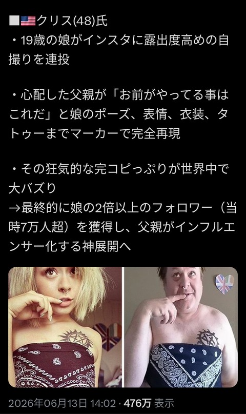 【画像】娘と同じセクシーポーズをアップしたパッパ、娘に勝ってしまう😭のサムネイル