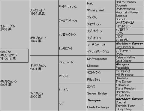 ﾀｶﾞﾉﾃﾞｨｱﾏﾝﾃ５代血統表