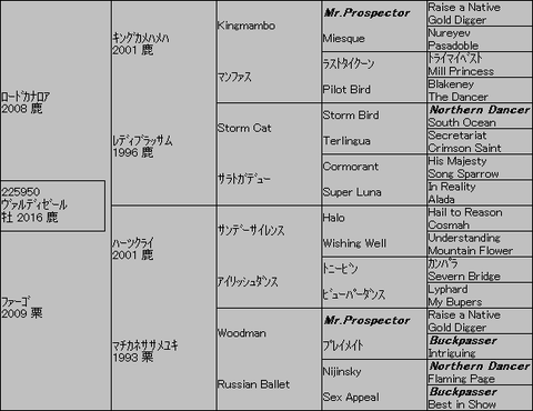 ｳﾞｧﾙﾃﾞｨｾﾞｰﾙ５代血統表