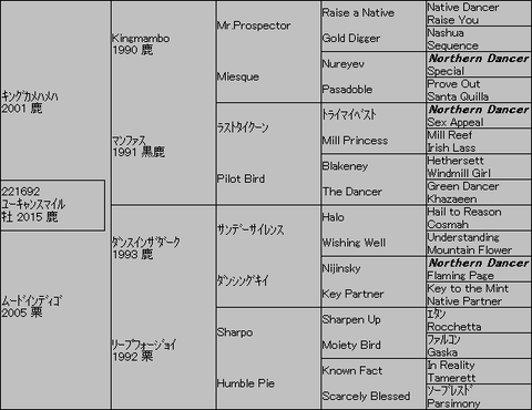 ﾕｰｷｬﾝｽﾏｲﾙ５代血統表