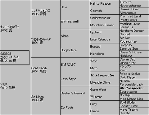 ｶﾚﾝﾌﾞｰｹﾄﾞｰﾙ５代血統表