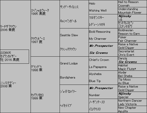 ｾｲｳﾝｶｲｻﾞｰ５代血統表