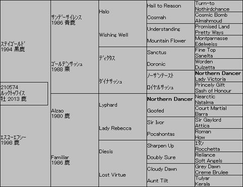 ﾙｯｸﾄｩﾜｲｽ５代血統表