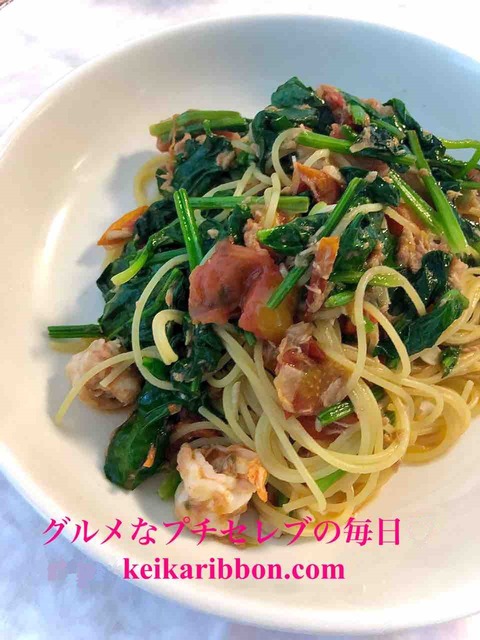 [Spinach-pasta]Satisfying-pasta-with-tuna,shrimp,and-tomato