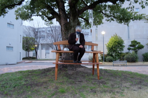 玉楠樹下問答会の際に藍蟹堂藤原惠洋先生が座っていた巨大な鳥瞰ベンチは木工家西岡泰心さん手作りによるもの、で藤原先生椅子コレクションのひとつ。ご自宅で触ることができます！！