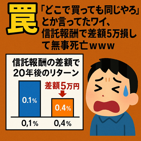【罠】「どこで買っても同じやろw」とか言ってたワイ、信託報酬で差額5万損して無事死亡ｗｗｗ