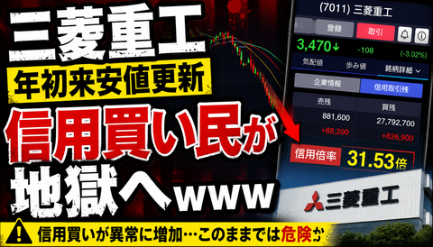 【悲報】三菱重工、年初来安値更新で信用買い民が地獄へｗｗｗのサムネイル