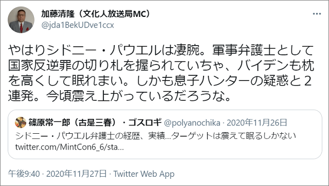 Qアノン パウエル弁護士 私のデマは馬鹿しか信じないから私は無罪 信じた馬鹿 百田 門田 有本 加藤 嫌儲まとめ