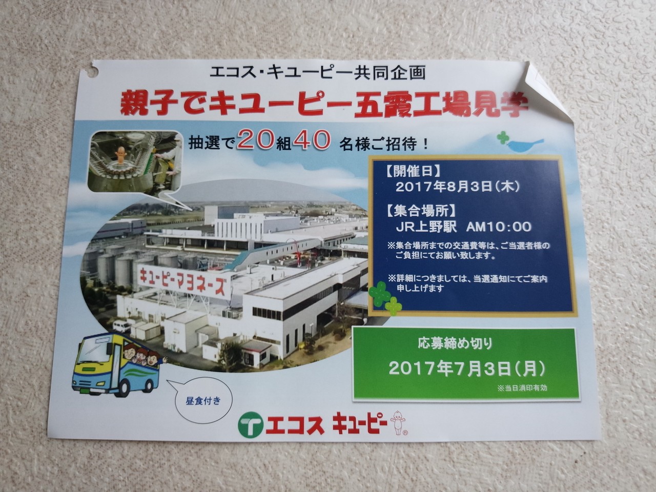 エコス キユーピー 親子でキユーピー五霞工場見学 〆切 17年7月3日 月 当日消印有効 まいにち更新 懸賞情報