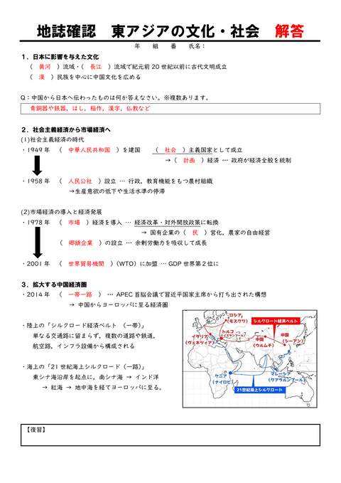 地誌確認プリント　東アジア②社会と文化-2