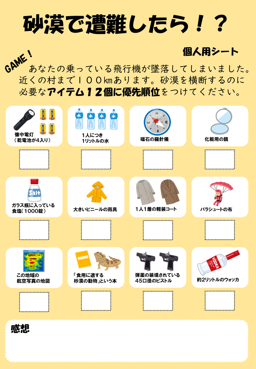 グループワーク】砂漠で遭難したら！？ コンセンサスゲーム : 地理おた部 ～高校地理お助け部～