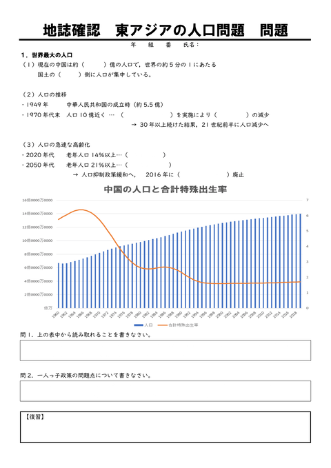 地誌確認プリント　東アジア④人口問題-1