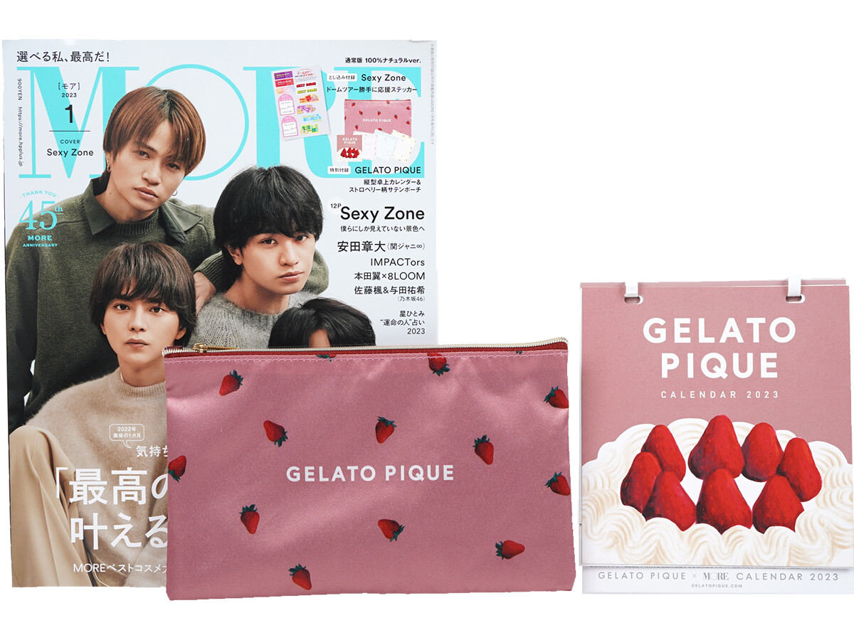 MORE (モア) 2023年 1月号 《付録》 GELATO PIQUE（ジェラートピケ）縦型卓上カレンダーストロベリー柄サテンポーチ