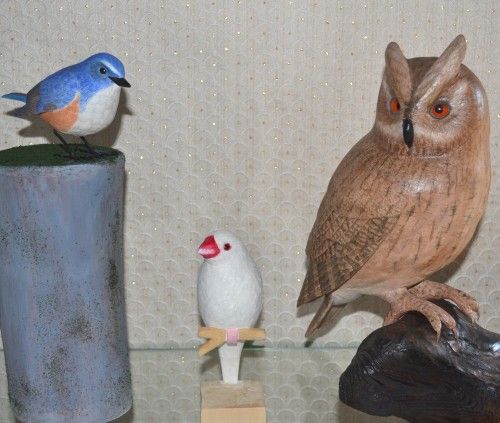 バードカービング作品　オオコノハズク、ルリビタキ、白文鳥　高間庄一