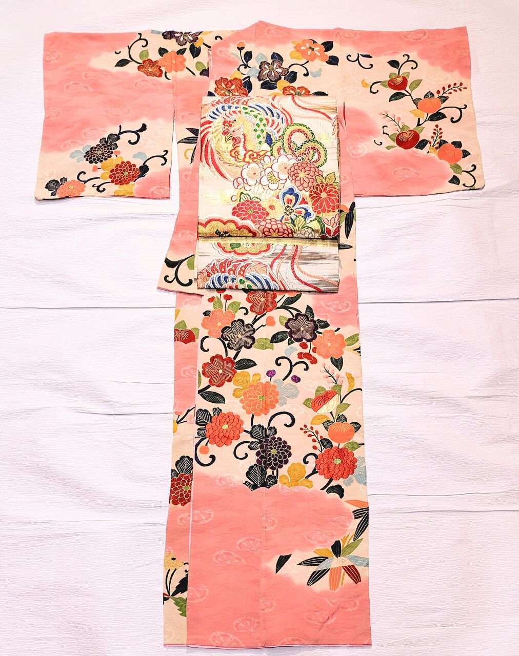 大正ロマン アンティーク訪問着 美しい刺繍〜花薬玉と鳳凰柄の丸帯